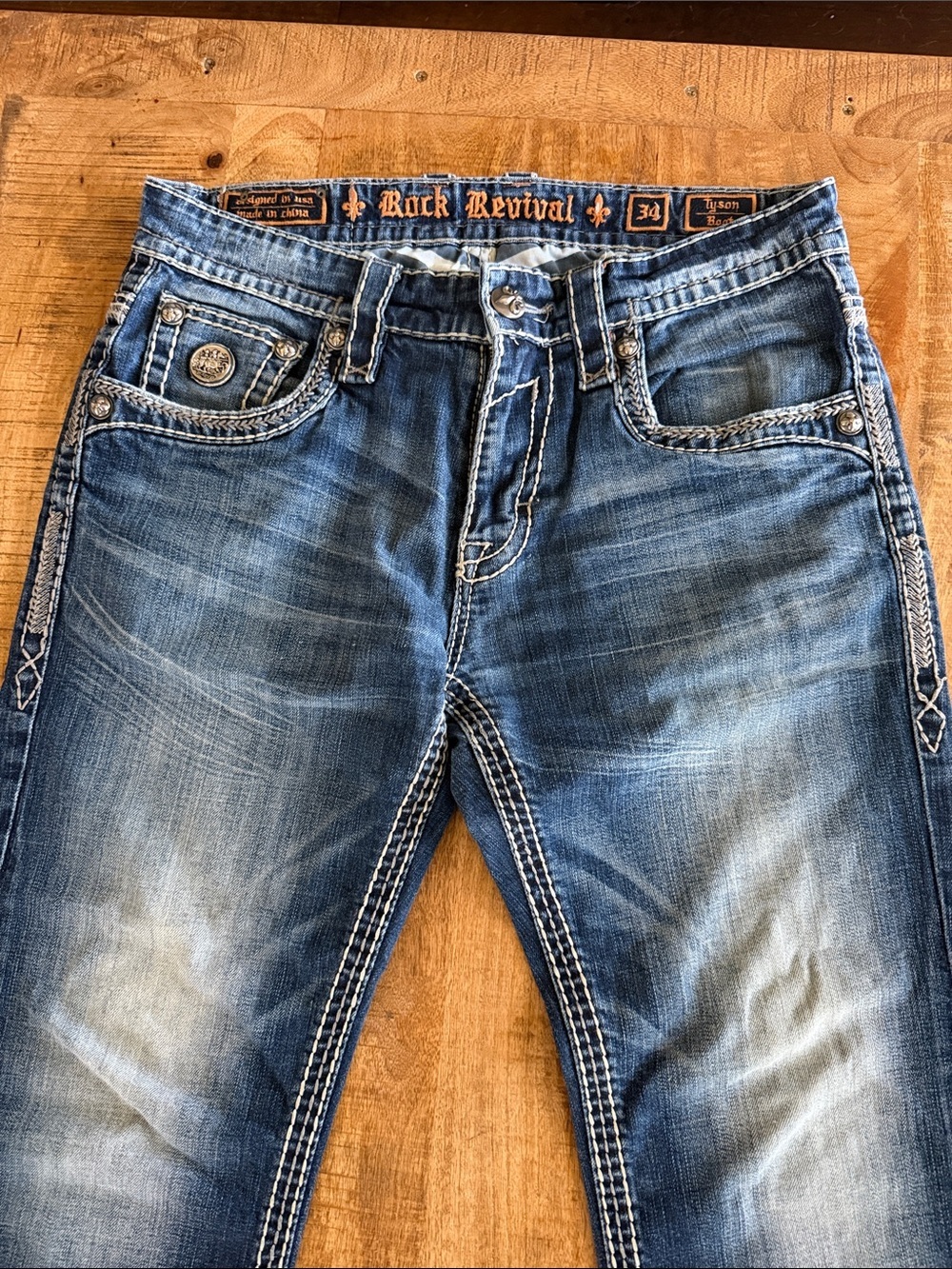 Rock Revival Slim Straight Men’s Jeans in Distressed Blue Denim - Picture 2 of 8